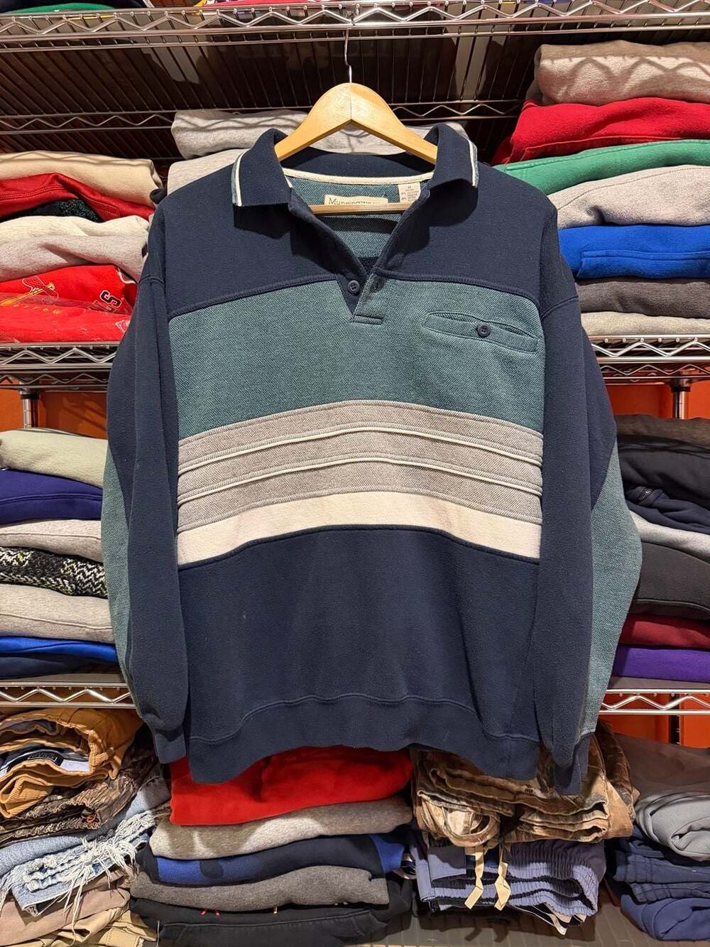 Munsingwear Vintage Colorblock Striped Long Sleeve Polo Shirt Size M